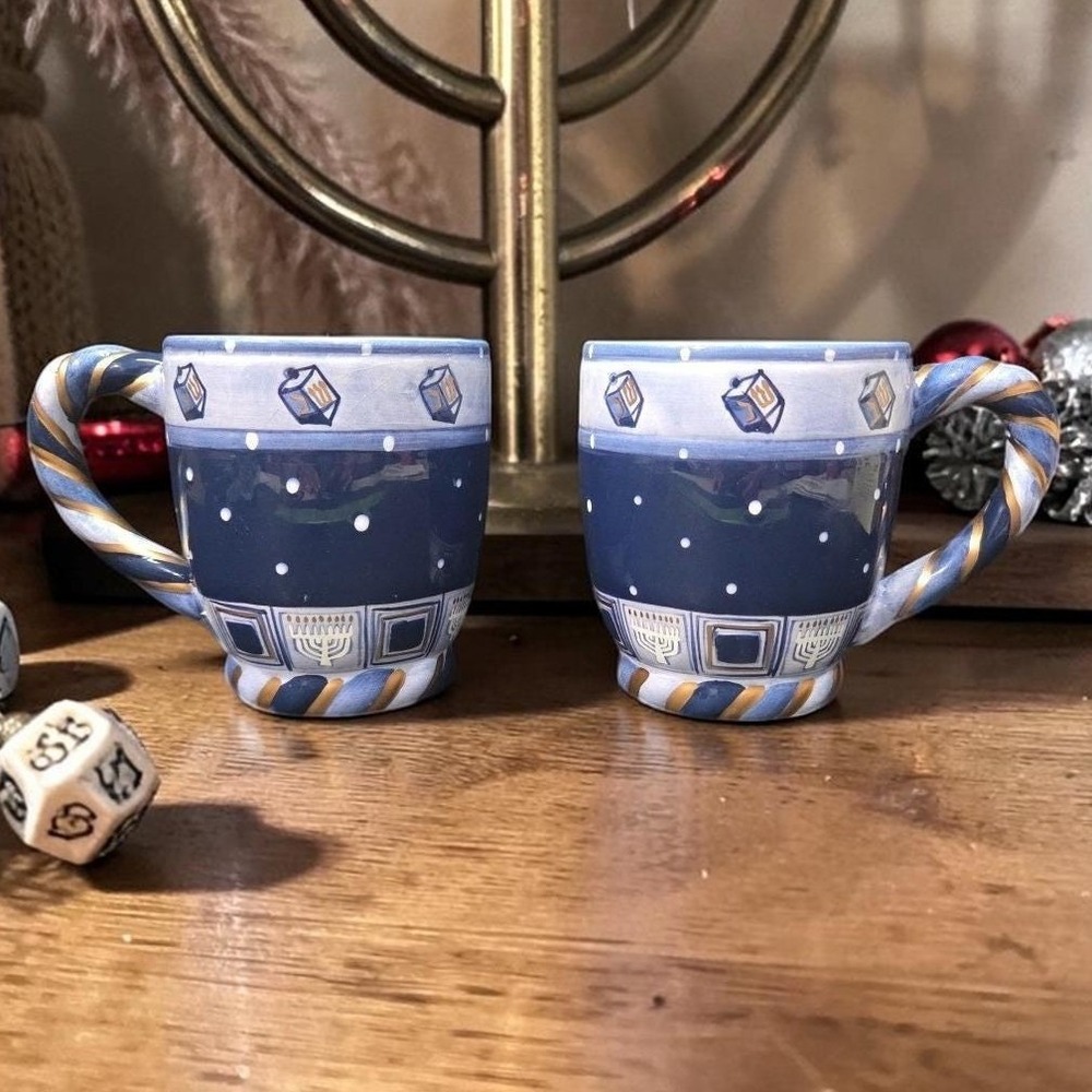 Chanukah Lights‎ Coffee Cups, Set of 2, Vtg Spindel Menorah Design, Holiday Mugs